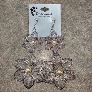 Silver Floral Earrings with Pearl Detail
